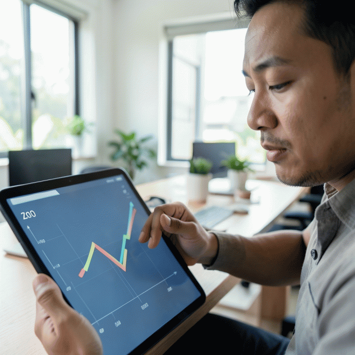 Seorang profesional Indonesia melihat grafik kemajuan pelunasan utang yang menurun pada tablet, melambangkan peningkatan kontrol dan progres finansial.