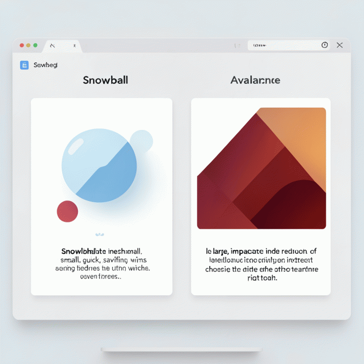 Perbandingan visual abstrak antara dua metode pelunasan utang (Snowball dan Avalanche) pada antarmuka digital yang bersih, menunjukkan strategi yang tepat.