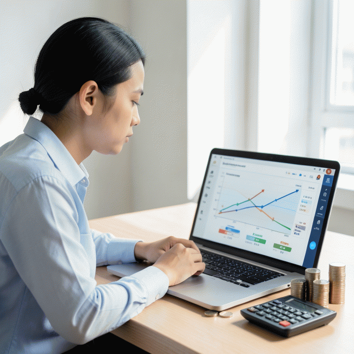 Seorang profesional muda Indonesia yang fokus di depan laptop, menatap dashboard keuangan abstrak yang menunjukkan grafik pengurangan utang yang terstruktur dan sistematis.