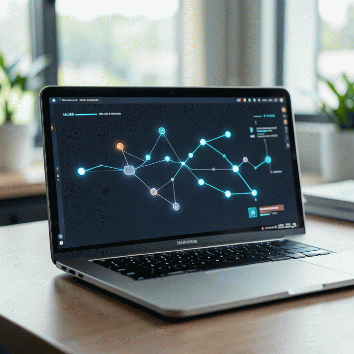Tampilan dashboard AI di laptop yang menunjukkan alur kerja otomatisasi lead generation tanpa teks yang terbaca.