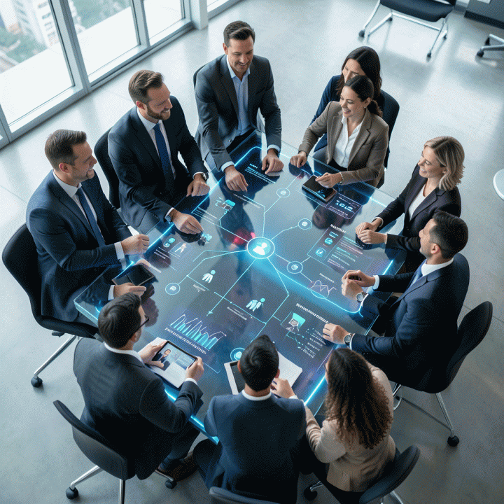 Manajer pemasaran dan pemilik bisnis berdiskusi di depan layar digital futuristik yang menampilkan peta perjalanan pelanggan (customer journey) yang terintegrasi, melambangkan strategi omnichannel.