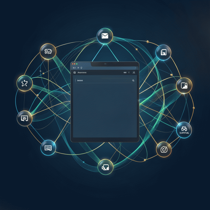 Visualisasi abstrak dan realistis tentang alokasi anggaran iklan (media mix) yang optimal, menunjukkan koneksi antar berbagai platform pemasaran dalam sebuah dashboard yang canggih.