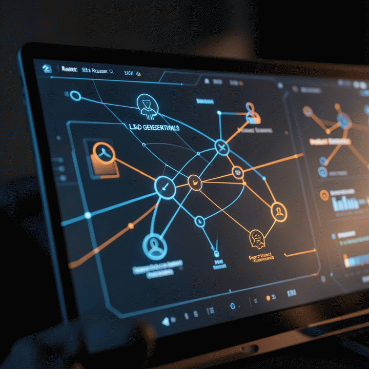 Dashboard digital futuristik yang menunjukkan alur kerja terintegrasi untuk riset pasar dan generasi prospek.