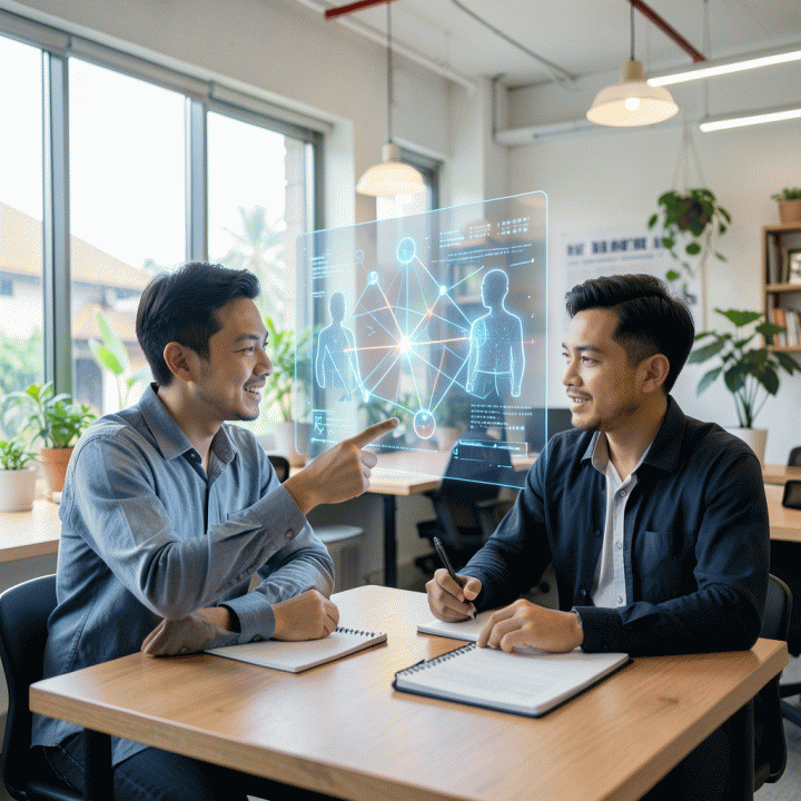Seorang marketer dan founder berkolaborasi di ruang kerja modern, berinteraksi dengan antarmuka holografik yang menampilkan data AI dan koneksi manusia, melambangkan sinergi teknologi dan strategi bisnis.