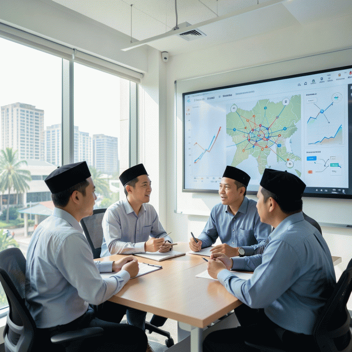 Tim profesional sedang berdiskusi di ruang kerja modern sambil melihat visualisasi data pertumbuhan jaringan klien, melambangkan strategi pemasaran digital untuk pengembangan media lokal.