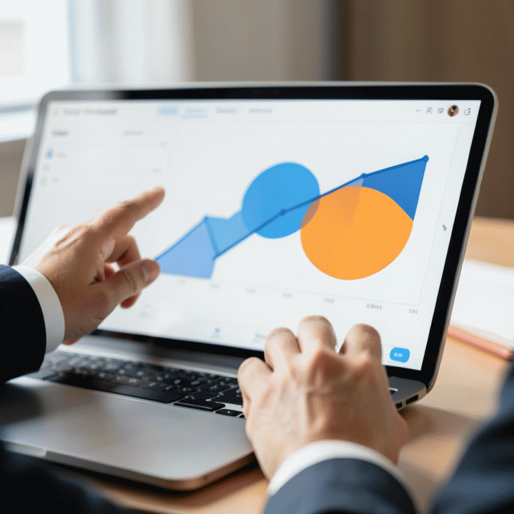 Interaksi tangan dengan tablet menampilkan visualisasi dashboard data analisis untuk mendapatkan insight pemasaran (data overload menjadi actionable insight).