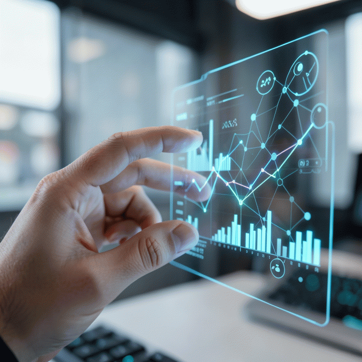 Tangan yang berinteraksi dengan antarmuka digital futuristik yang menampilkan grafik tren dan ide pemasaran, melambangkan bantuan AI dalam strategi.