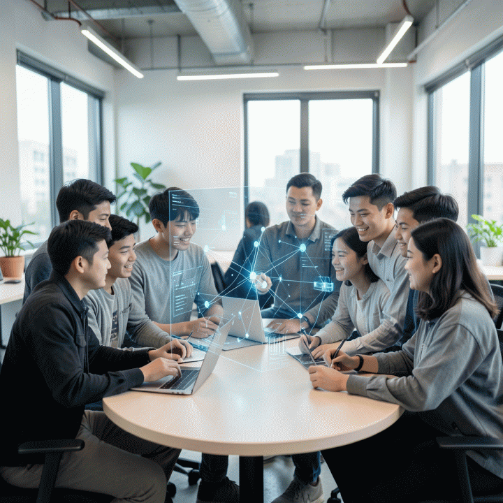 Kelompok profesional muda Gen Z Indonesia berkolaborasi di ruang kerja modern, berinteraksi dengan visualisasi data futuristik yang menunjukkan strategi pemasaran dan tren masa depan.