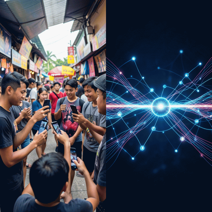 Perbandingan visual antara interaksi Gen Z dengan budaya lokal dan analisis data AI, menunjukkan bagaimana teknologi menargetkan audiens masa depan.