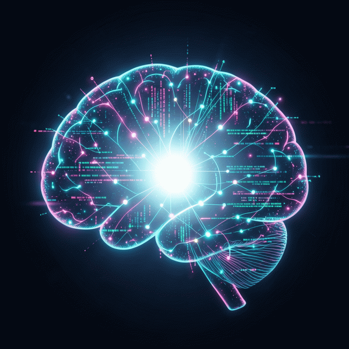 Abstract AI brain generating creative ideas for video content.