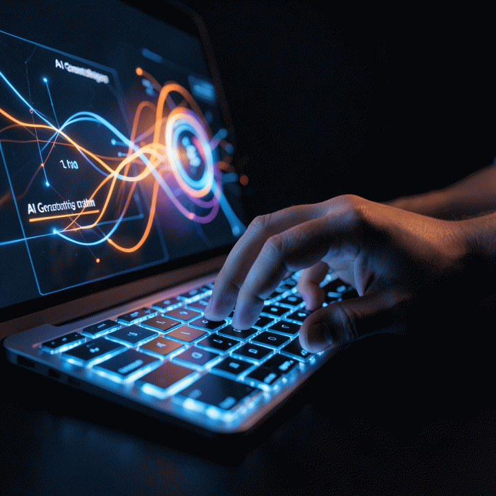 Futuristic hand typing on a holographic keyboard representing AI-powered content strategy and rapid video hook generation.