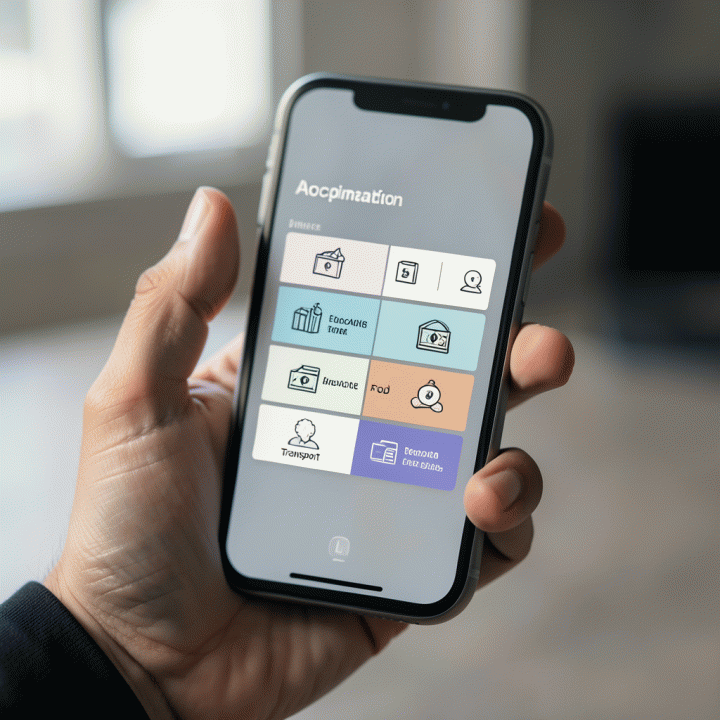 Visualisasi pembagian anggaran perjalanan menggunakan aplikasi digital.