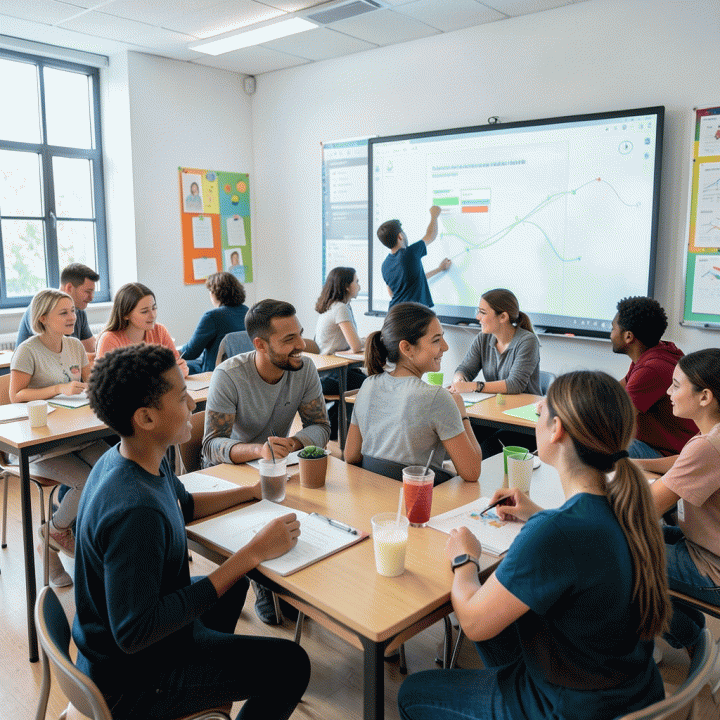 Sekelompok siswa beragam sedang berinteraksi dalam aktivitas belajar kolaboratif yang interaktif di kelas modern yang cerah.