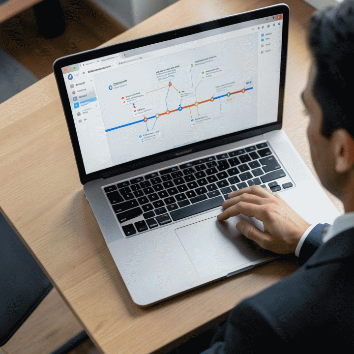Visualisasi abstrak sistem pelacakan lamaran kerja digital yang terorganisir pada laptop, menunjukkan strategi manajemen karir yang efisien.