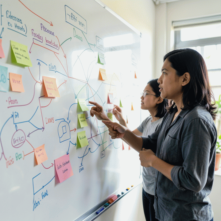 Dua founder startup Indonesia yang berkolaborasi di depan papan tulis penuh diagram alir, membahas strategi bisnis.