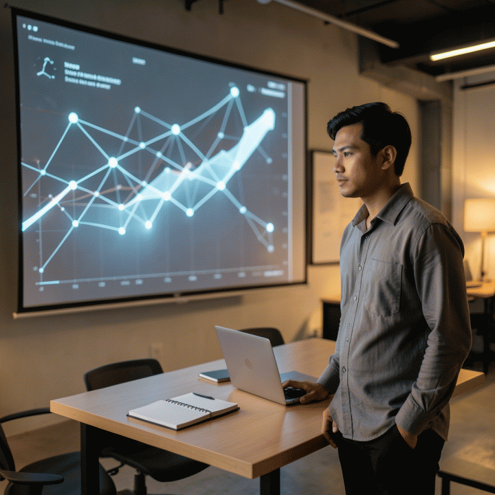 Seorang founder startup muda Indonesia yang percaya diri di ruang kerja modern, menatap proyeksi digital abstrak tentang pertumbuhan dan strategi pendanaan.