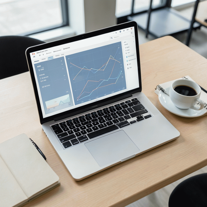 Tampilan atas meja kerja modern dengan laptop dan dashboard abstrak yang menunjukkan analisis data keuangan.