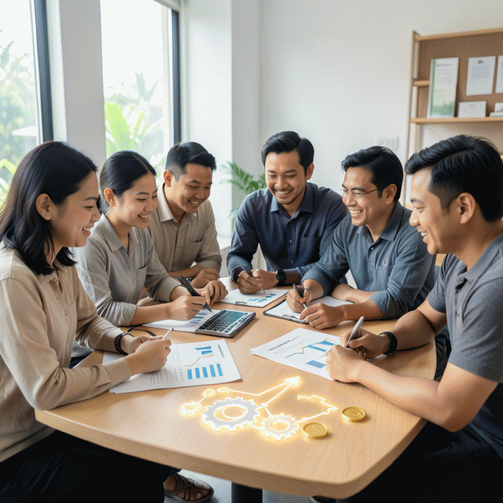 Kelompok pemilik UMKM Indonesia yang sedang berdiskusi strategis tentang keuangan dan peningkatan profit margin di meja kerja yang modern dan profesional.