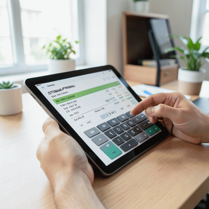 Tangan yang sedang menghitung data keuangan penting di atas kalkulator atau tablet, melambangkan perhitungan HPP dan penentuan harga jual yang akurat.