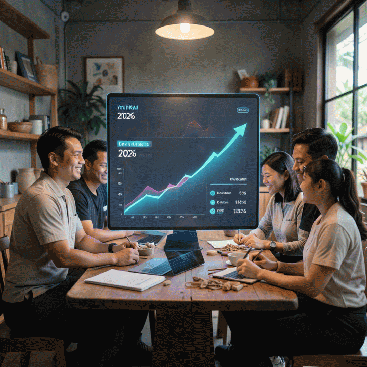 Ilustrasi fotorealistik pemilik UMKM Indonesia yang berdiskusi di depan dashboard digital yang menampilkan grafik pertumbuhan profit dan strategi penetapan harga untuk bisnis di tahun 2026.