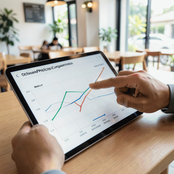 Tangan menunjuk grafik perbandingan strategi harga (Markup, Margin, Keystone) di layar tablet, menunjukkan penentuan harga jual optimal.