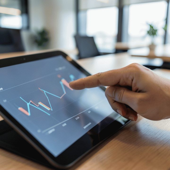 Tangan menunjuk titik data penting pada grafik keuangan di tablet, menandakan analisis harga yang akurat.