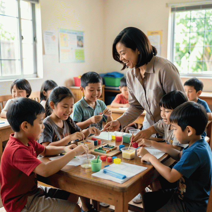 Kelas sekolah dasar Indonesia yang cerah dan kolaboratif, menunjukkan siswa yang terlibat aktif dalam kegiatan belajar berbasis riset yang menyenangkan dan interaktif.