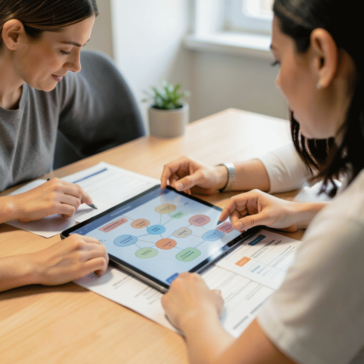 Orang tua dan guru berdiskusi di meja kerja yang modern, meninjau materi pembelajaran dan strategi pengajaran di tablet, menunjukkan kolaborasi yang efektif.