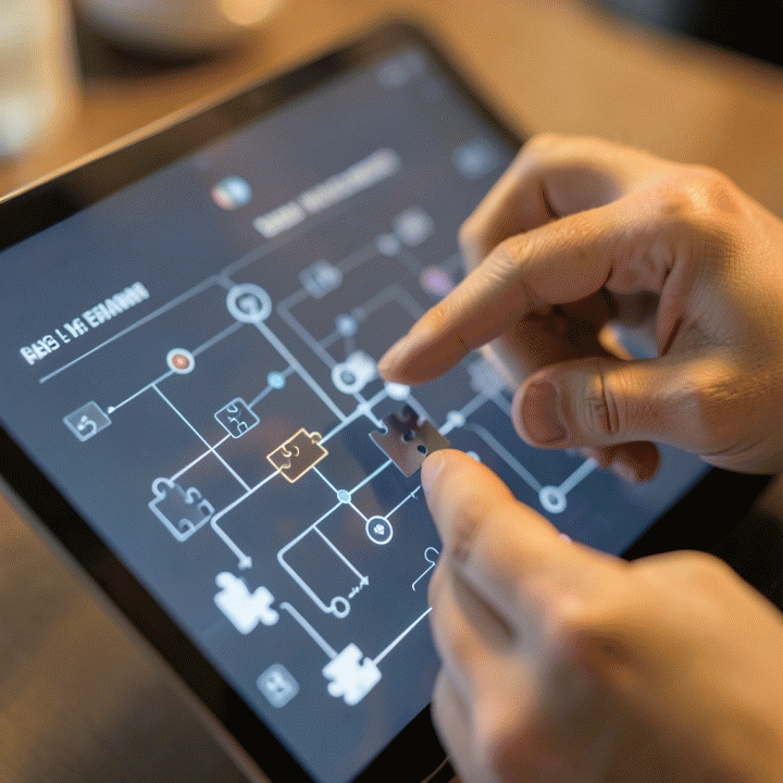Tangan yang berinteraksi dengan antarmuka digital yang menampilkan diagram alir abstrak dan kepingan puzzle, fokus pada penalaran logis.