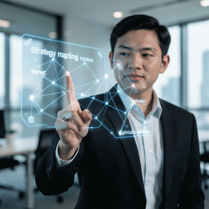 Seseorang berinteraksi dengan antarmuka AI holografik yang menampilkan peta strategi bisnis e-commerce.