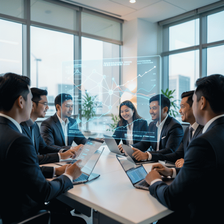 Tim profesional Indonesia berdiskusi di ruang modern dengan visualisasi data holografik AI yang menunjukkan strategi pertumbuhan e-commerce.