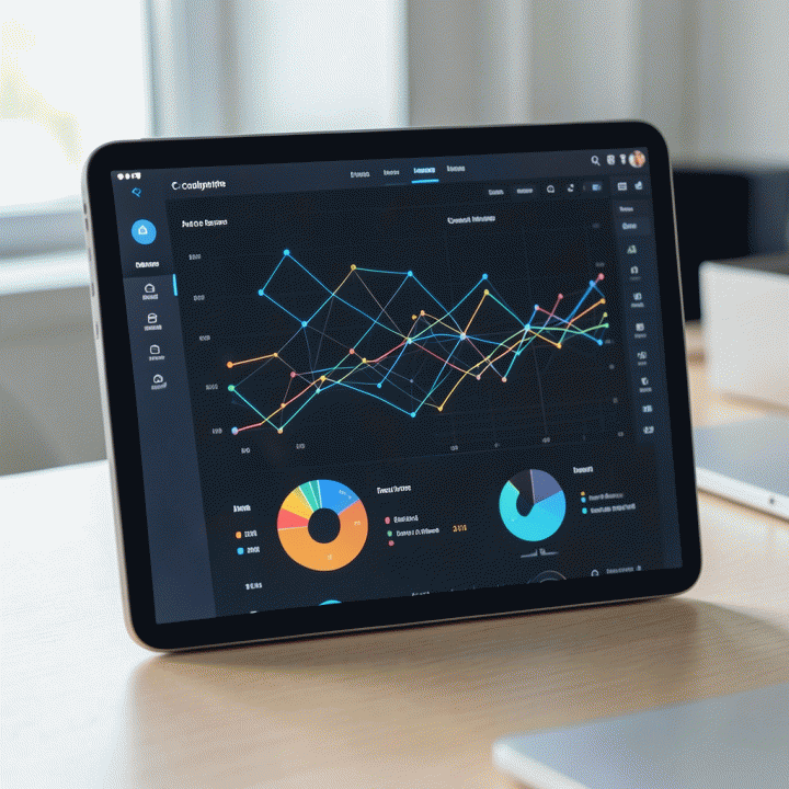 Tampilan dashboard analitik e-commerce yang abstrak dan kompleks di tablet, menunjukkan tren dan data pasar.