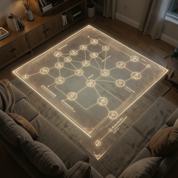 Digital family genealogy chart displayed on a holographic screen in a warm living room, symbolizing organized family history and connection.