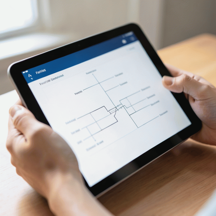 Hands interacting with a tablet showing an organized digital family tree interface.