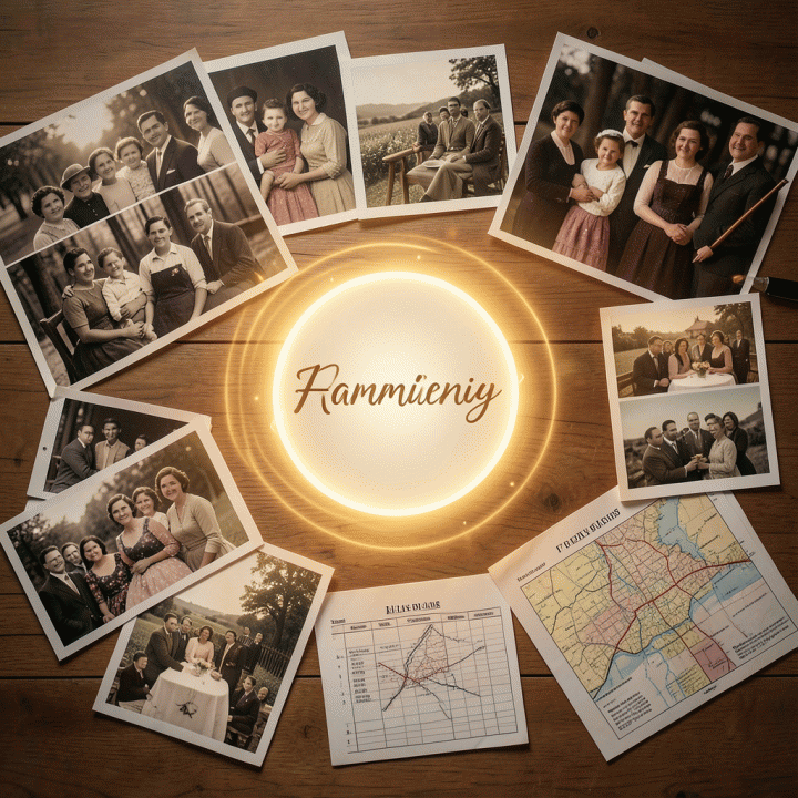 Conceptual collage of historical photos and planning notes arranged around a central family narrative.