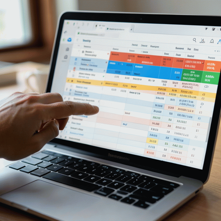 Tangan berinteraksi dengan spreadsheet digital untuk mengelola jadwal dan anggaran perjalanan kelompok.