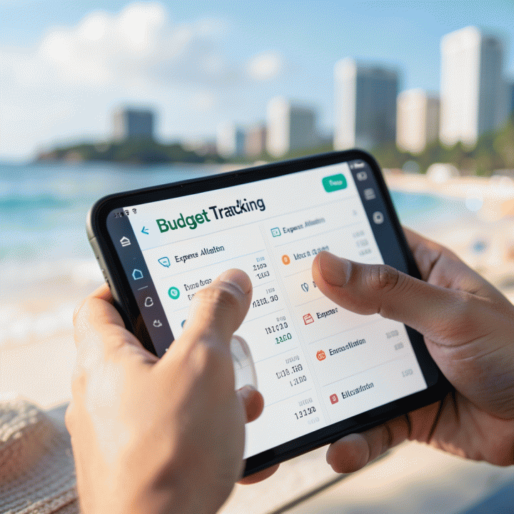 Detail tampilan aplikasi planner digital yang fokus pada fitur pelacakan anggaran dan pembagian biaya perjalanan grup.