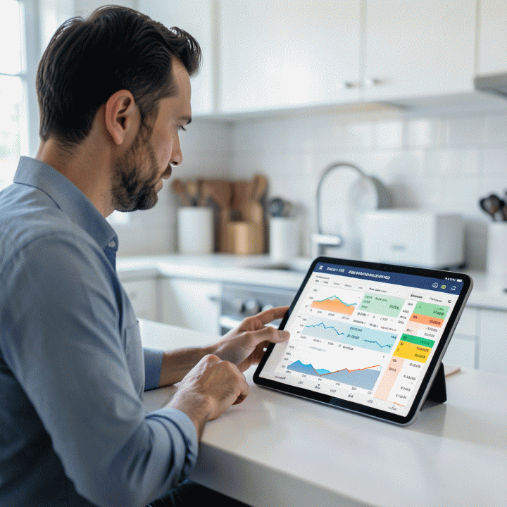 A business owner analyzing food cost and profit margin calculations on a digital tablet in a modern kitchen setting, symbolizing smart HPP strategy for F&B businesses.