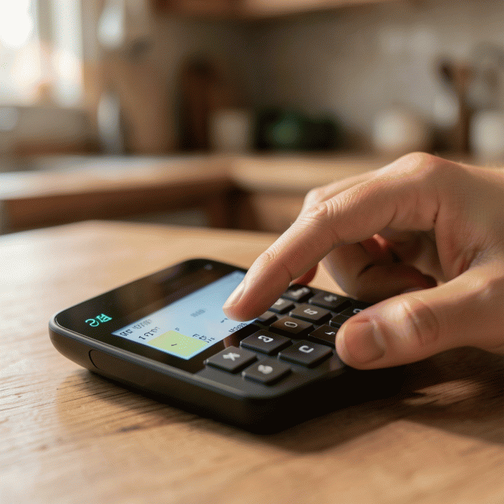 Hands inputting raw material costs into a digital calculator for HPP calculation.