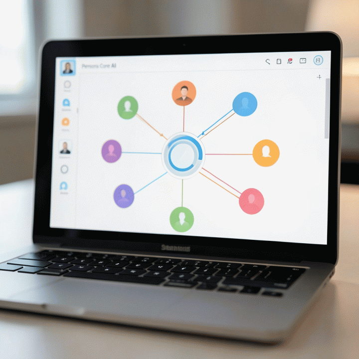 Tampilan layar laptop yang menunjukkan antarmuka AI yang terstruktur untuk pengembangan dan pemetaan persona audiens yang kompleks.