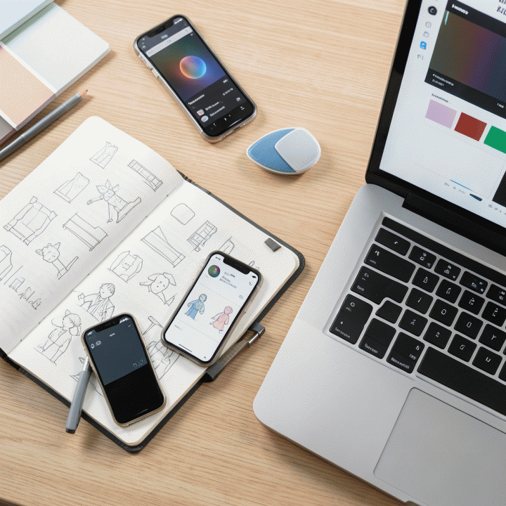 Pandangan atas (flat lay) ruang kerja yang terorganisir dengan berbagai alat bantu: catatan sketsa, smartphone menampilkan antarmuka AI, dan palet warna, menunjukkan proses pembuatan aset visual secara sistematis dan masif.