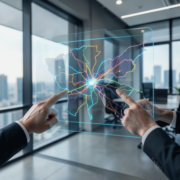 Visualisasi perbandingan kompetitor dalam bentuk peta holografik di kantor modern, menyoroti celah pasar dan peluang strategis.