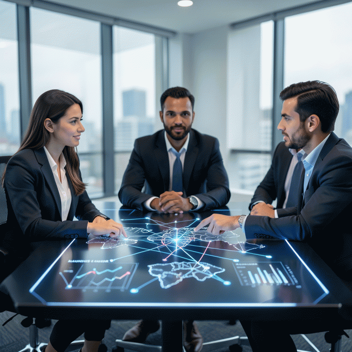 Tim profesional yang sedang berdiskusi di ruang rapat modern, di sekitar meja digital yang menampilkan visualisasi data pipeline penjualan yang terstruktur dan terencana.