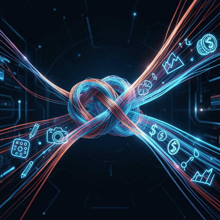 Visualisasi abstrak yang menunjukkan data yang rumit dan kusut terurai dan dipisahkan menjadi dua aliran data yang bersih: data operasional dan data keuangan.
