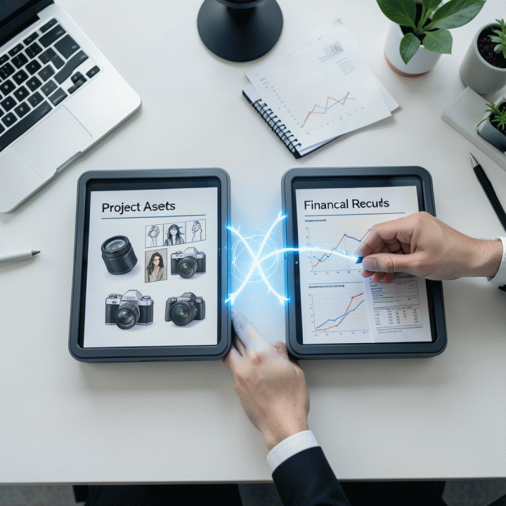 Tangan profesional yang menghubungkan data proyek (operasional) dan data keuangan (keuangan) di atas meja kerja yang bersih, menunjukkan pemisahan dan integrasi data yang terorganisir.