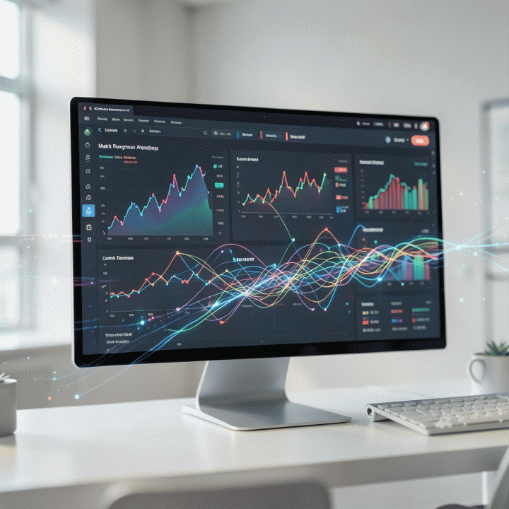 Visualisasi data analitik e-commerce yang kompleks dan profesional, menunjukkan strategi positioning produk dan analisis kompetitor di dashboard modern, tanpa teks yang dapat dibaca.