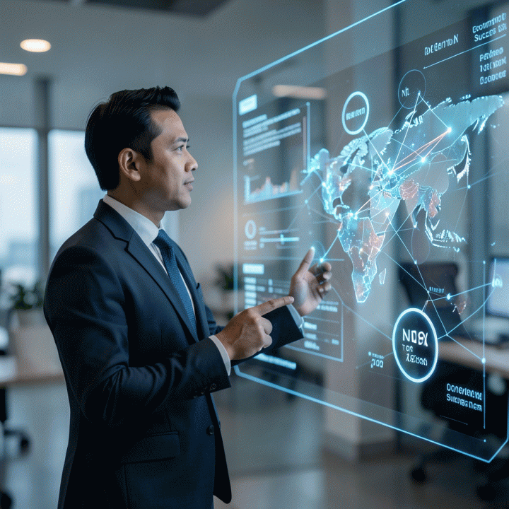 Seorang pengusaha melihat data positioning produk dan strategi pasar pada layar holografik, menunjukkan pengambilan keputusan bisnis yang cerdas.
