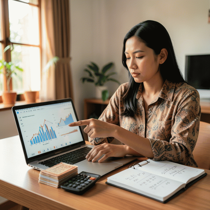 Pemilik UMKM Indonesia yang sedang menganalisis data keuangan dan produk di meja kerjanya, menunjukkan strategi penetapan harga yang akurat untuk meningkatkan profit margin.