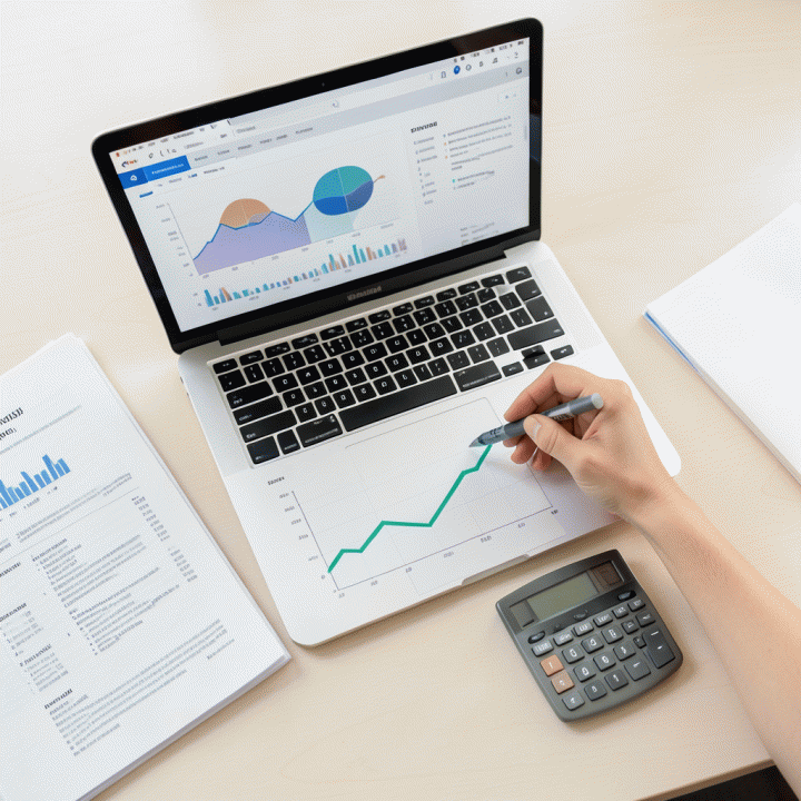 Tampilan atas meja kerja yang menunjukkan perencanaan bisnis dan grafik peningkatan profit margin, melambangkan strategi harga jual yang optimal.