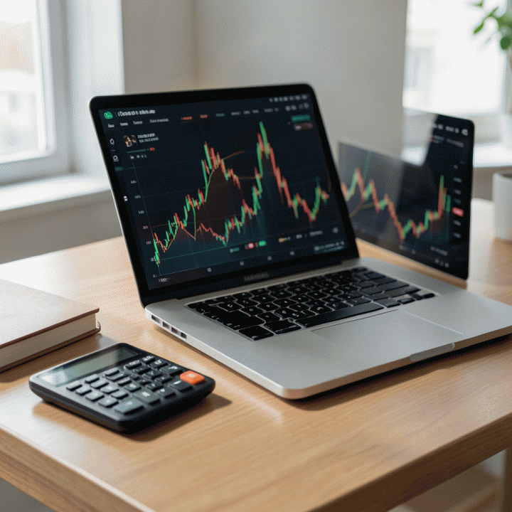 Meja kerja modern dengan visualisasi data keuangan yang abstrak, menunjukkan perencanaan strategi harga jual produk digital untuk bisnis UMKM.